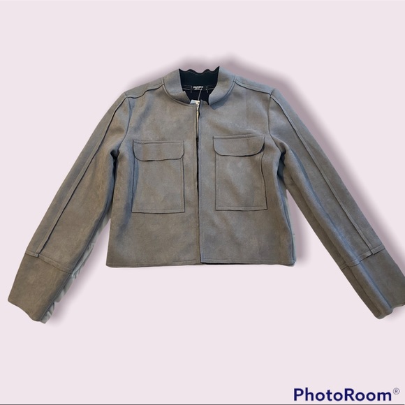 Grey Stand Collar Pockets Crop Coat - Picture 4 of 4